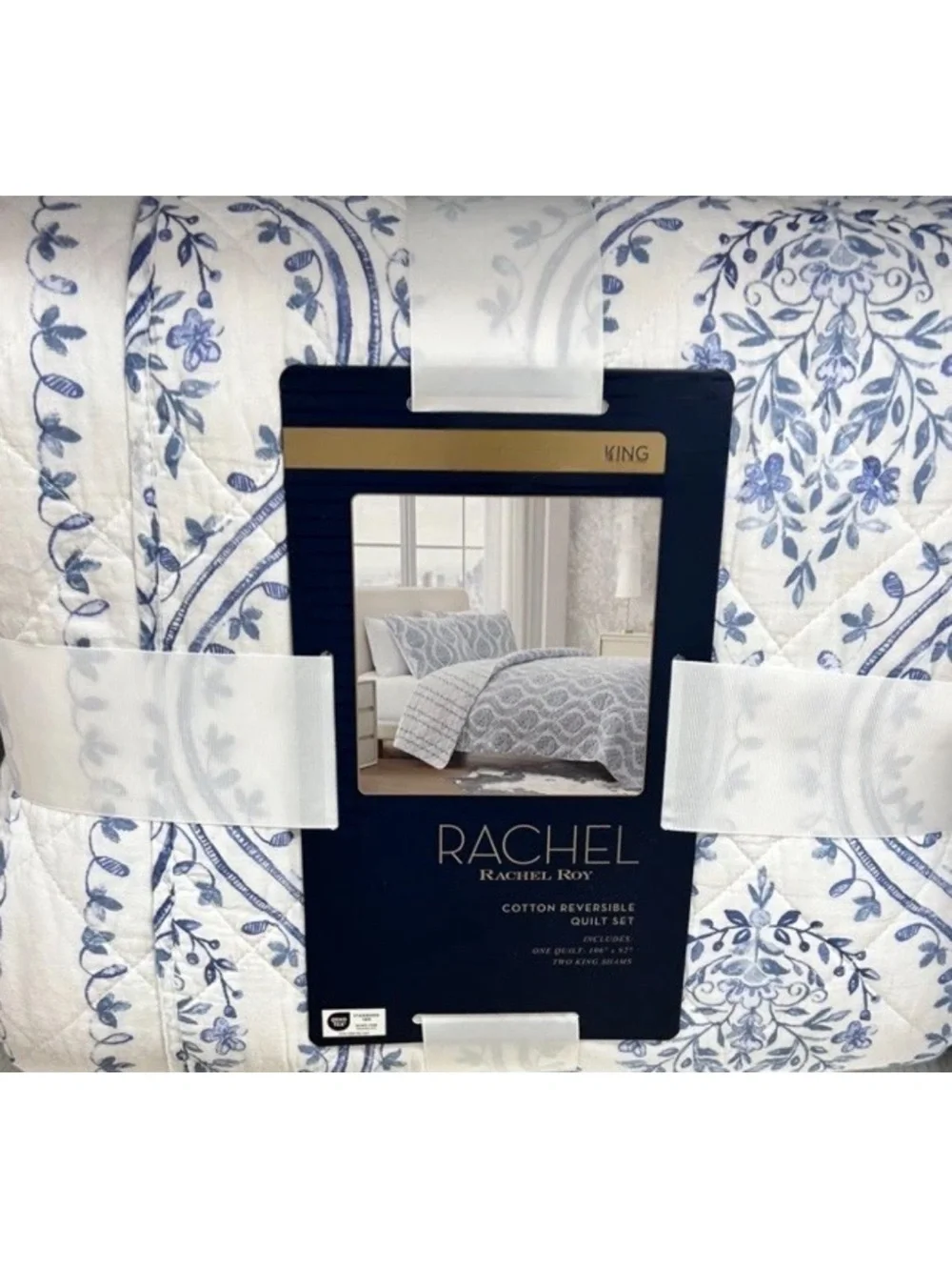 Rachel Roy Blue and White Floral Reversible King Cotton Quilt Set 106”x92”